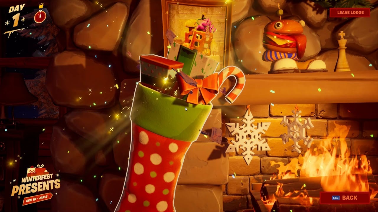 Fortnite Winterfest - search Holiday Stockings in the Winterfest Cabin