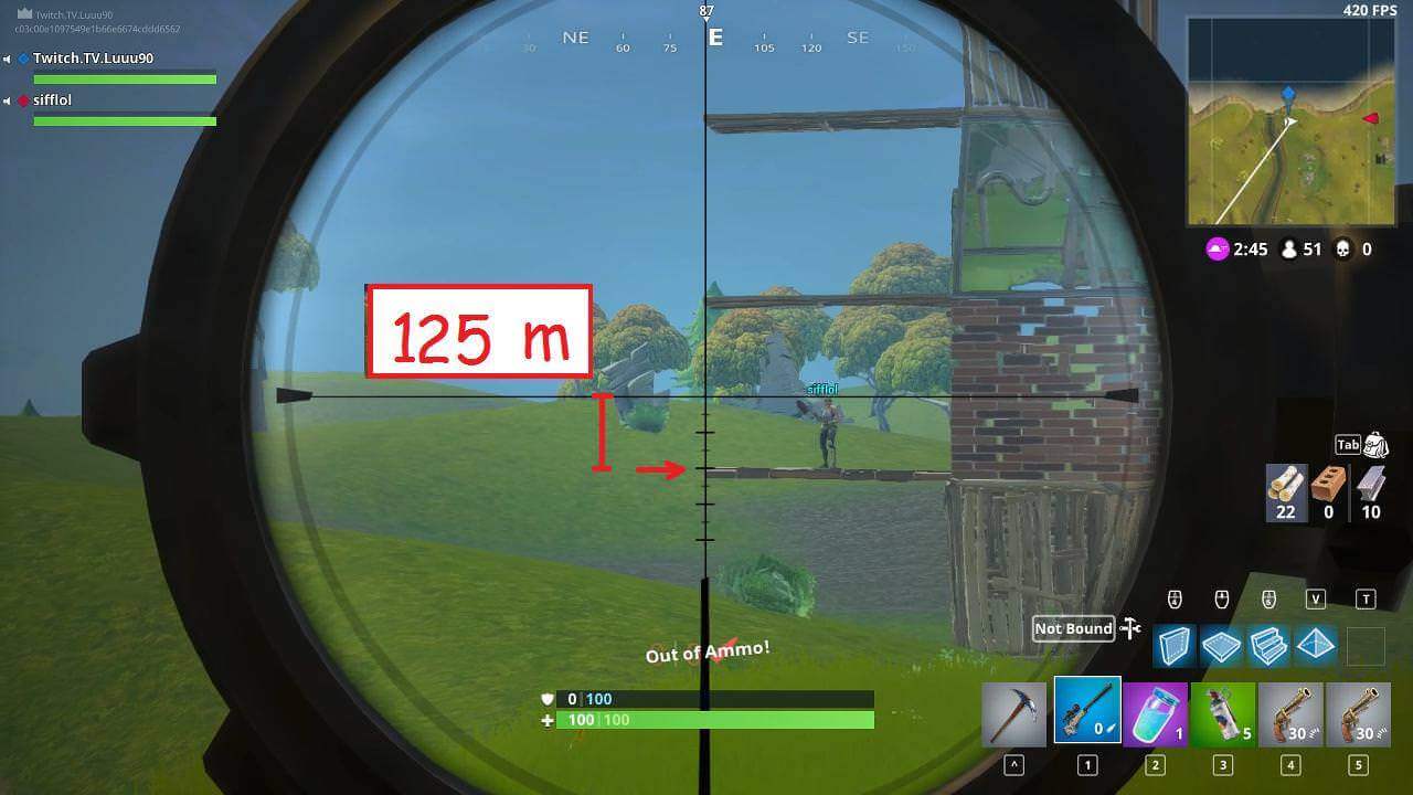 the image below shows you how to use the scope to get shots on enemies - distance fortnite