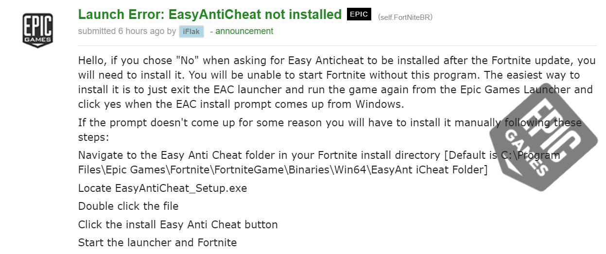 epic employee flak has posted the solution to this error on reddit - install anti cheat fortnite