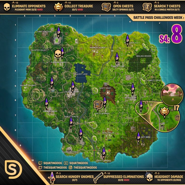 fortnite season 4 week 8 cheat sheet - week 8 challenges fortnite chest map