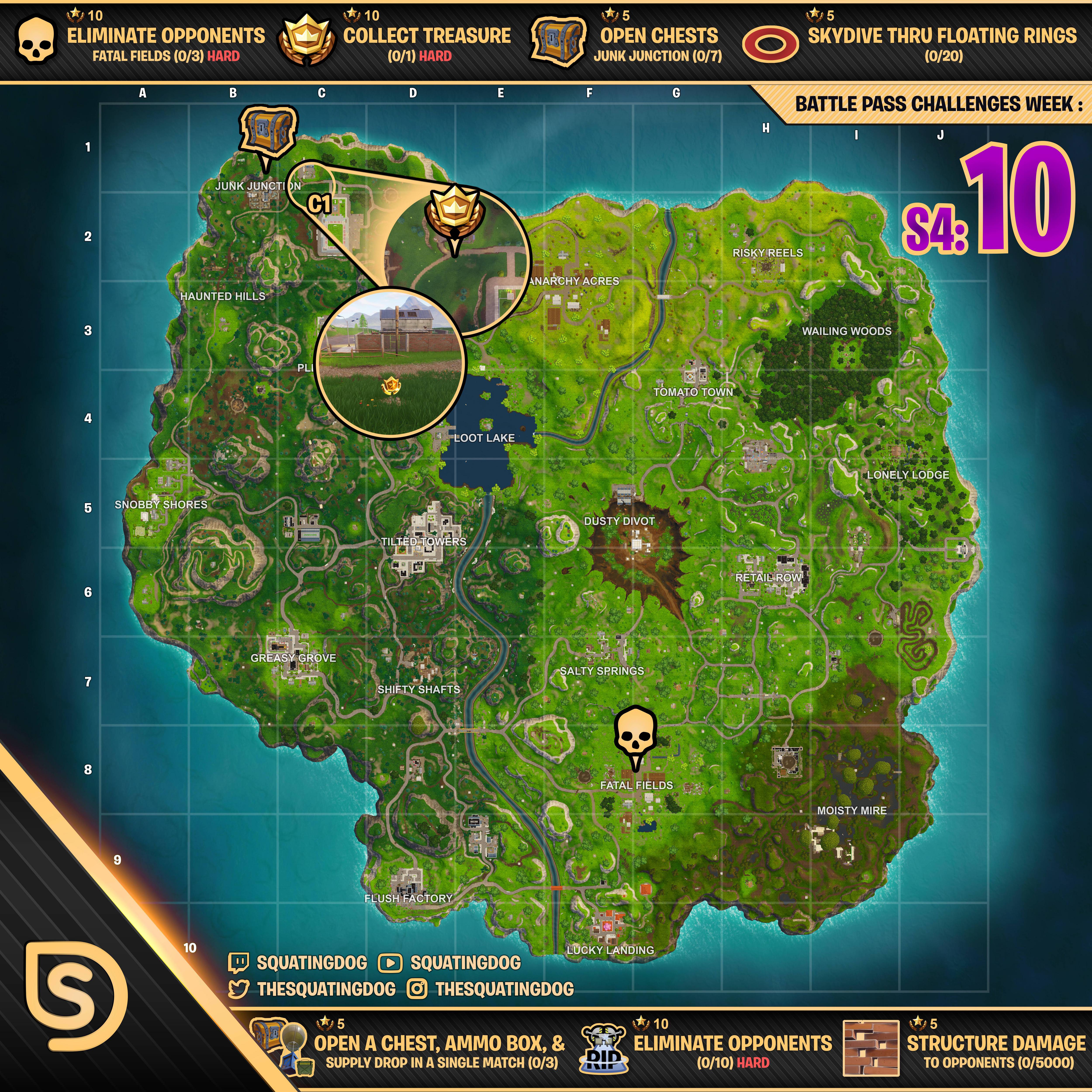 fortnite map cheat sheet season 4 week 10 challenges - fortnite island map season 7