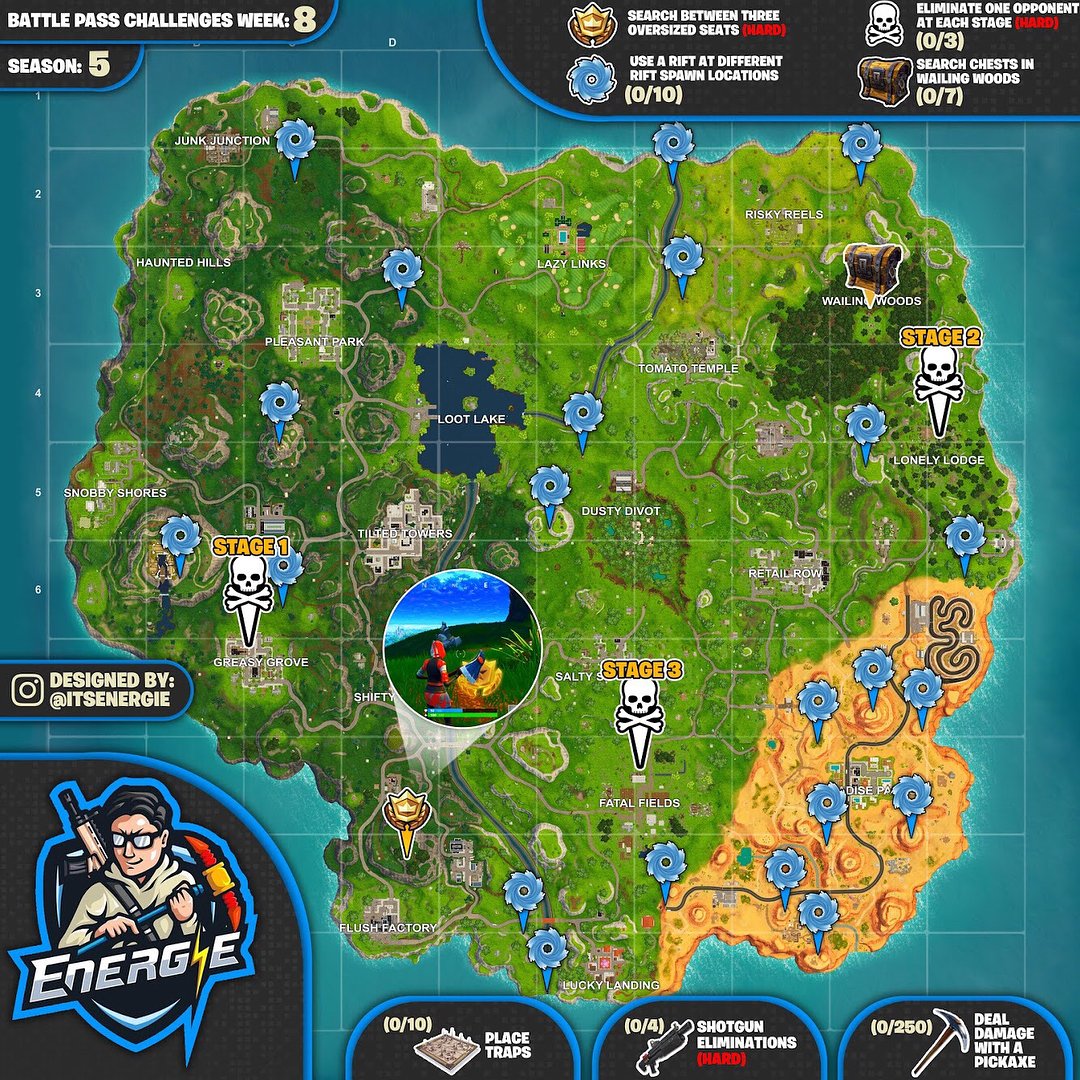 cheat sheet map for fortnite challenges season 5 week 8 - fortnite season 8 free battle pass challenges