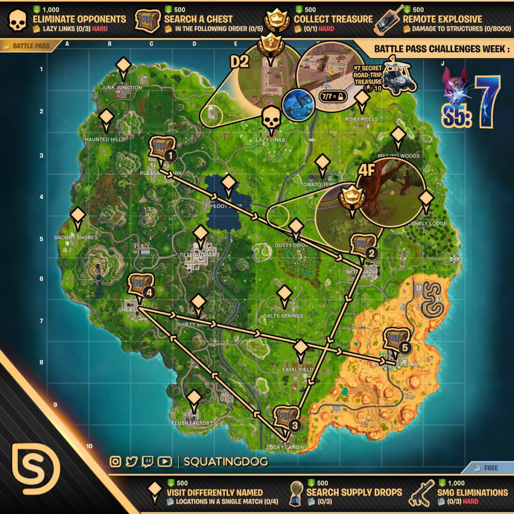 fortnite season 5 week 7 cheat sheet fortnite map - fortnite season three map