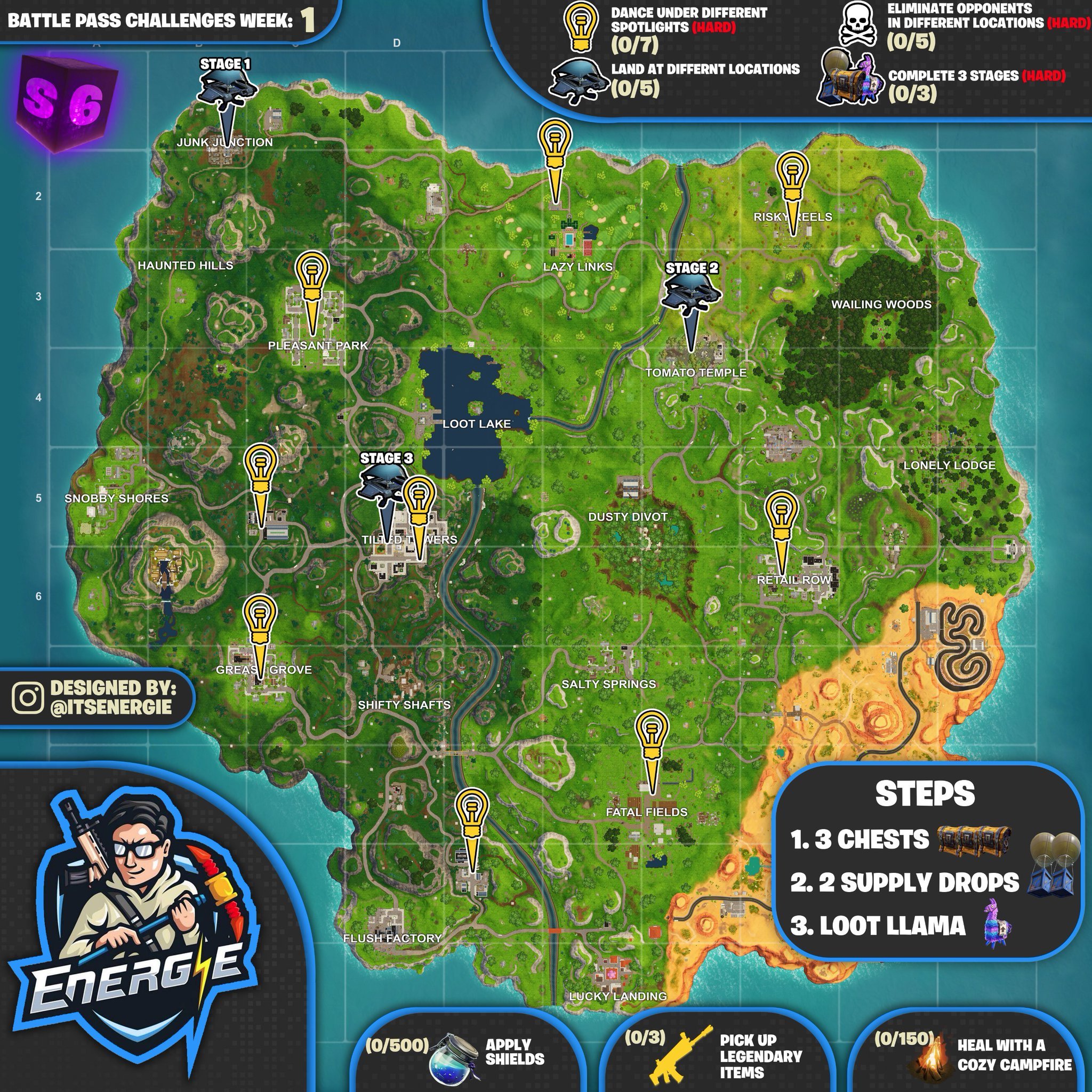 Cheat Sheet Map For Fortnite Battle Royale Season 6 Week 1 Challenges Fortnite Insider