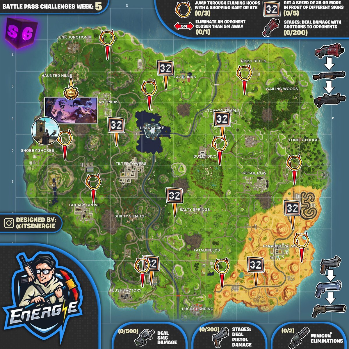 fortnite cheat sheet season 6 week 5 challenges locations map - week 5 fortnite free tier season 4