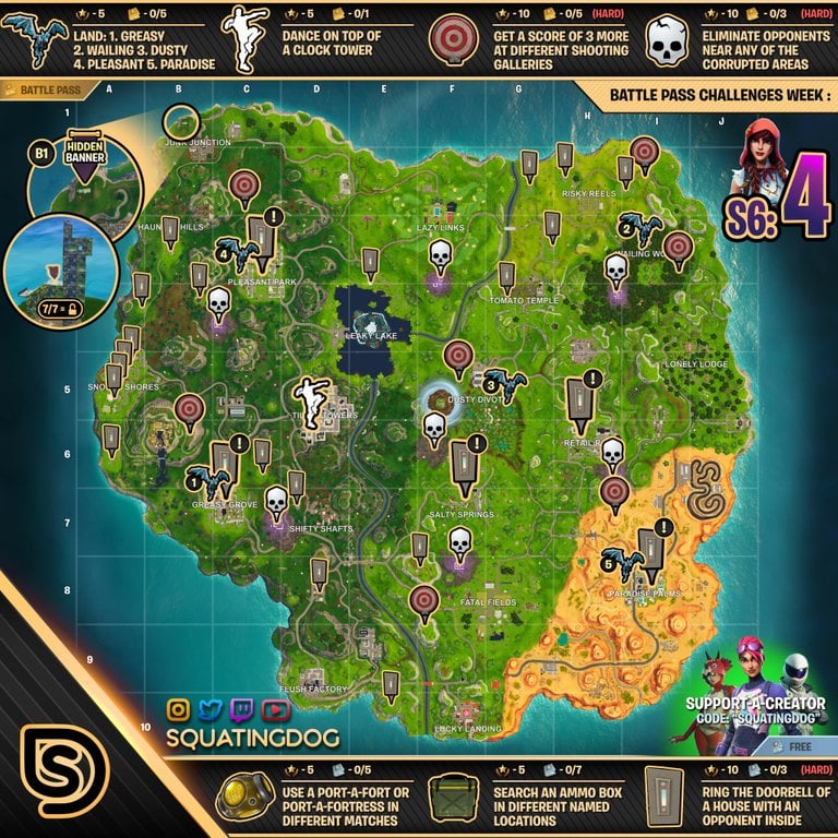 season 6 week 4 challenges cheat sheet fortnite map - fortnite cheat week 4