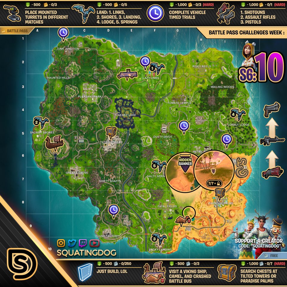 fortnite cheat sheet map season 6 week 10 - bus banner fortnite