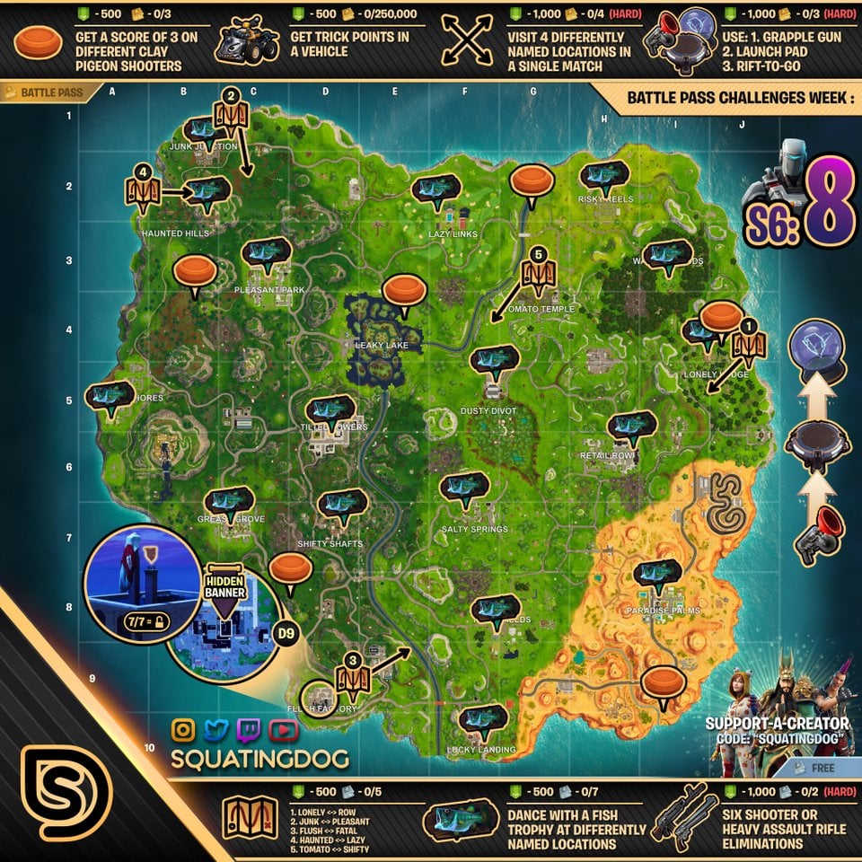 fortnite season 6 week 8 cheat sheet map - week 8 challenges fortnite cheat sheet season 6