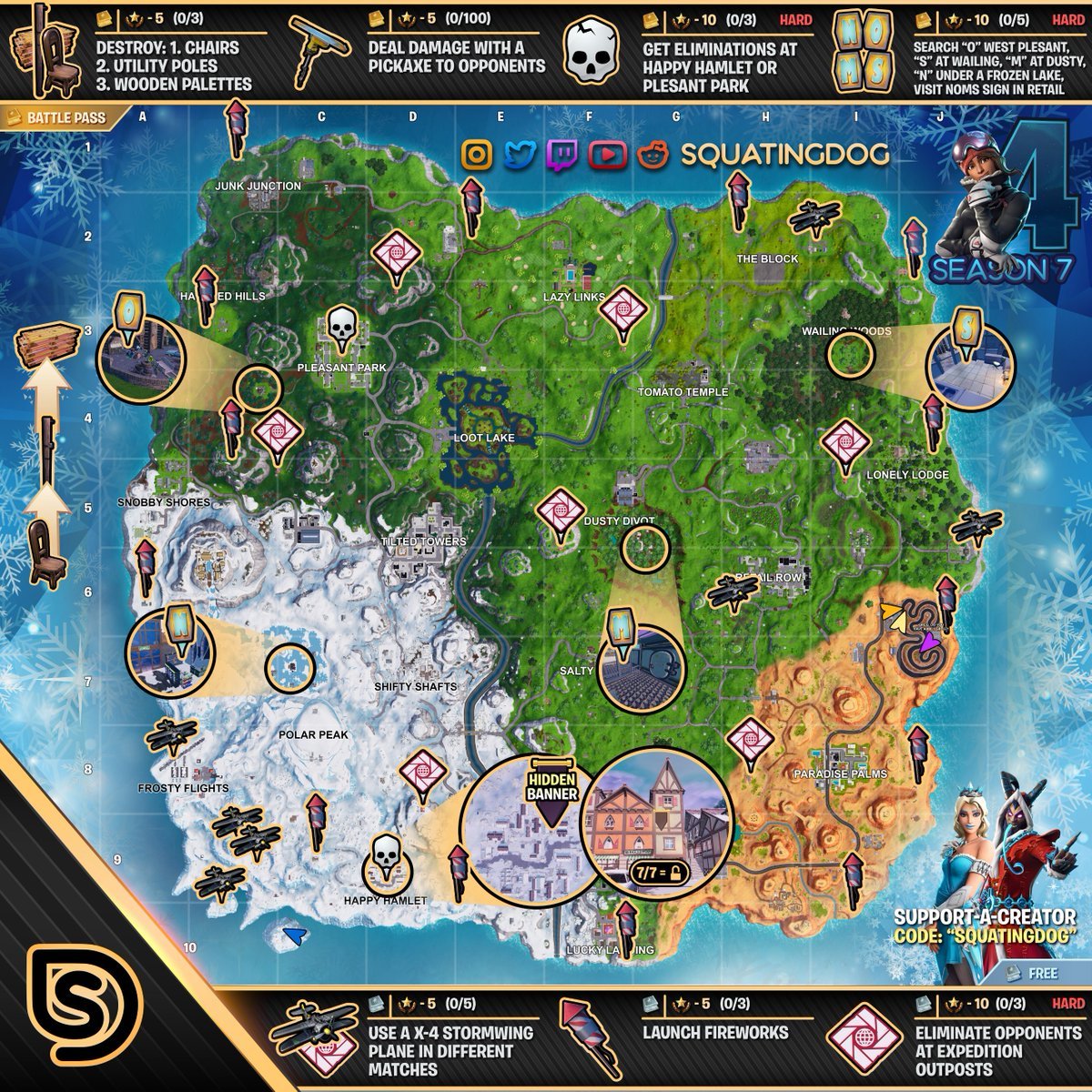 fortnite cheat sheet map for season 7 week 4 - fortnite cheat codes on mobile