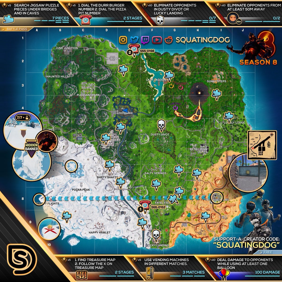 fortnite season 8 week 8 challenges cheat sheet map - mapa do fortnite