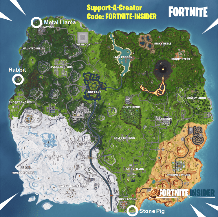 Visit a wooden rabbit, a stone pig and a metal llama Map of the Fortnite Challenge locations