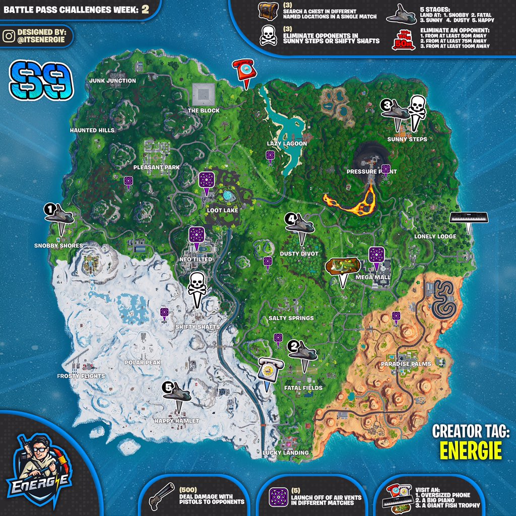 Fortnite Season 9, Week 2 Challenges Cheat Sheet Map