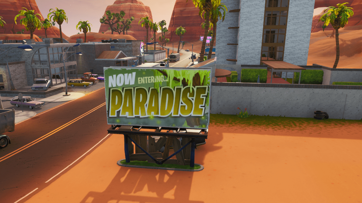 Fortnite Season X (v10.00) Map Changes - Paradise Palms Sign - Moisty Mires Reference