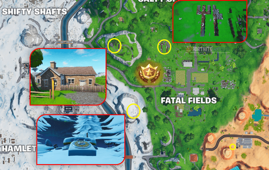 Where to search between a rotary phone, a fork-knife, and a hilltop house full of carbide and omega posters Fortnite Map Location