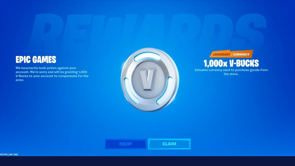 Epic Games無料のFortnite V-Bucks補償