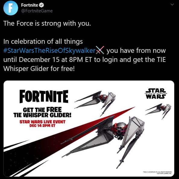 How to get the TIE Whisper Fortnite Star Wars Glider