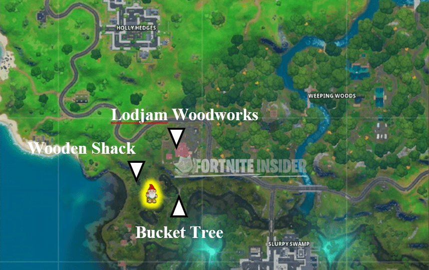 Fortnite Hidden Gnome Lodjam Woodworks, a Wooden Shack, and a Bucket Tree Map Location