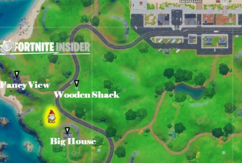 Search Hidden Gnome Fortnite Fancy View Wooden Shack Big House Map Location