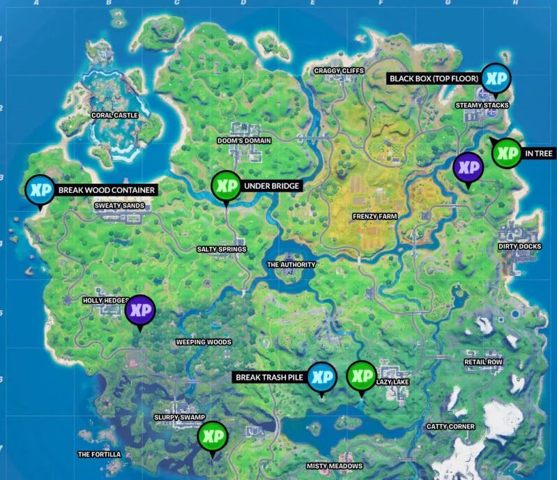 Fortnite Season 4 XP Locations Map