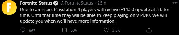 Fortnite PS4 Update Delayed