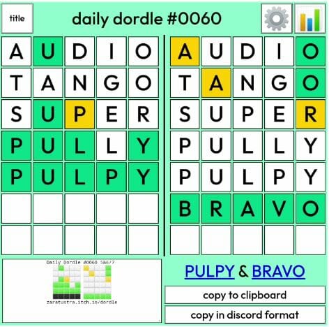 Daily Dordle 60 Answer - 25th March 2022