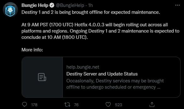 Destiny 2 Maintenance 10 March 2022