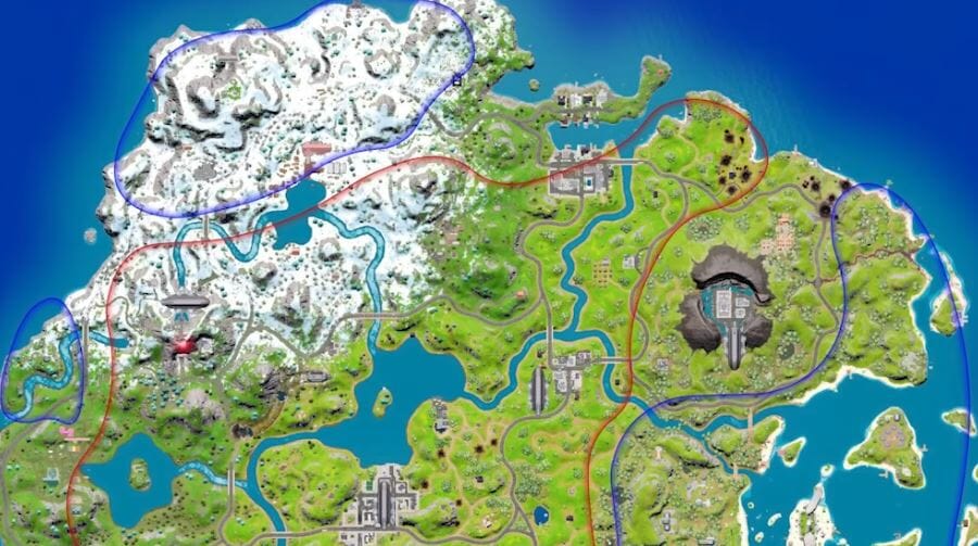 What are the blue and red lines on Fortnite map