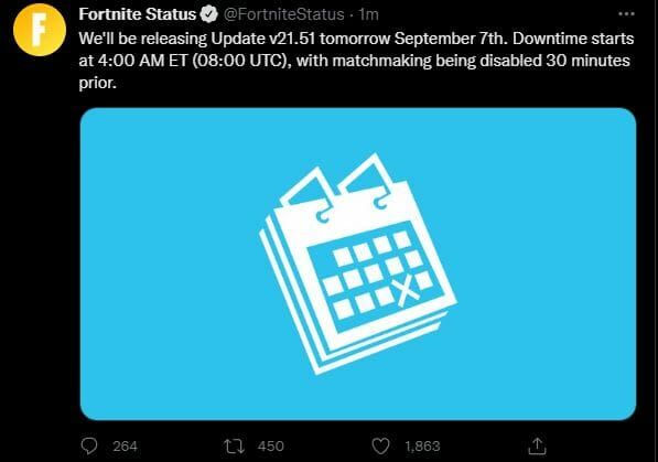Fortnite 21.51 Time Server Maintenance September 7, 2022
